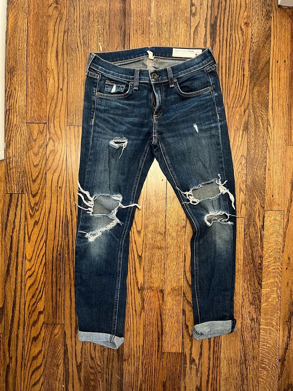 rag & bone Dark Blue Distressed Slim Straight Jeans